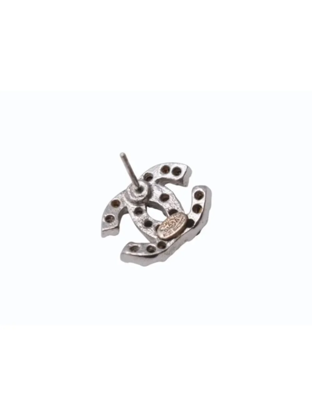 Chanel CC Logo Earrings 03 Rhinestone Metal Silver Clear